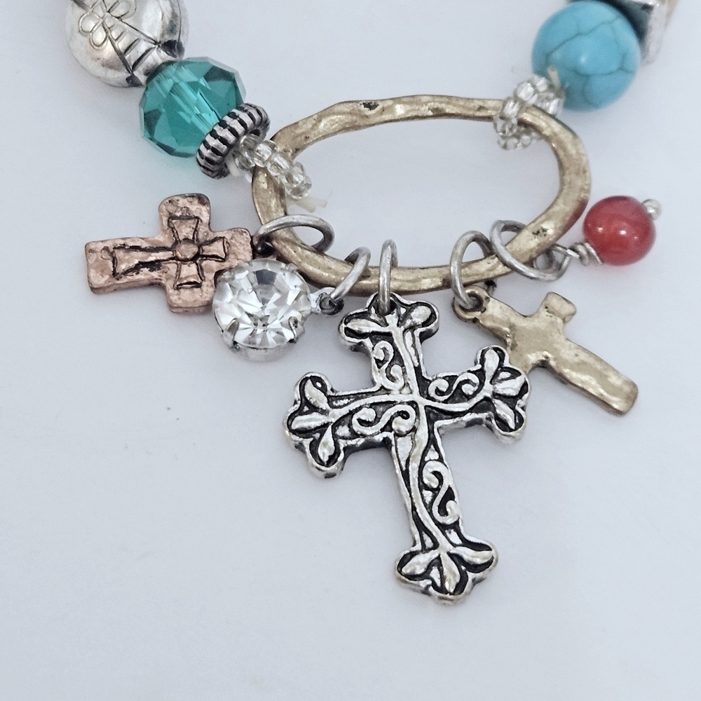 Western Boho Style Turquoise Cross Stretch Bracelet - Picture 2 of 3
